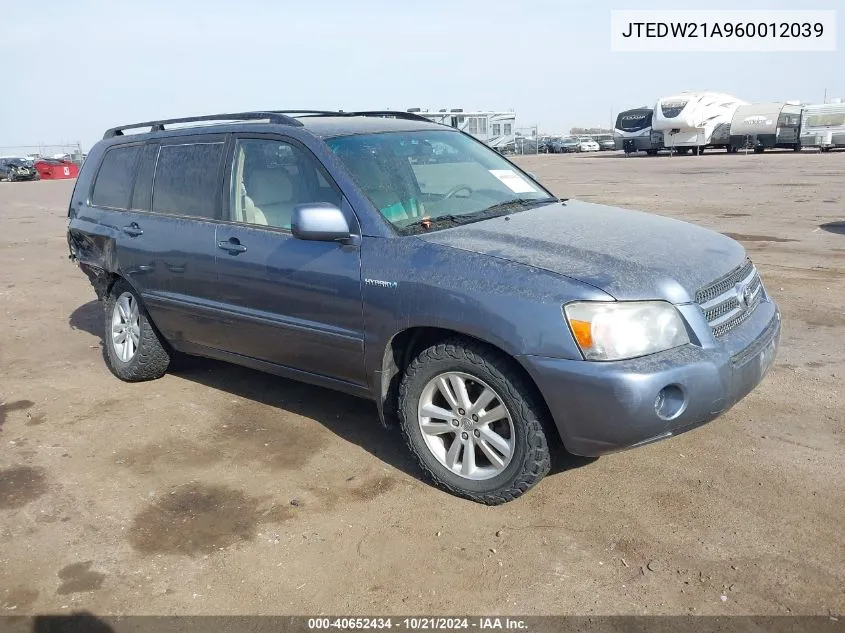 2006 Toyota Highlander Hybrid V6 VIN: JTEDW21A960012039 Lot: 40652434