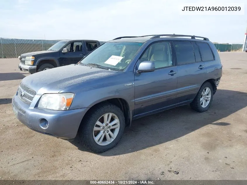 2006 Toyota Highlander Hybrid V6 VIN: JTEDW21A960012039 Lot: 40652434