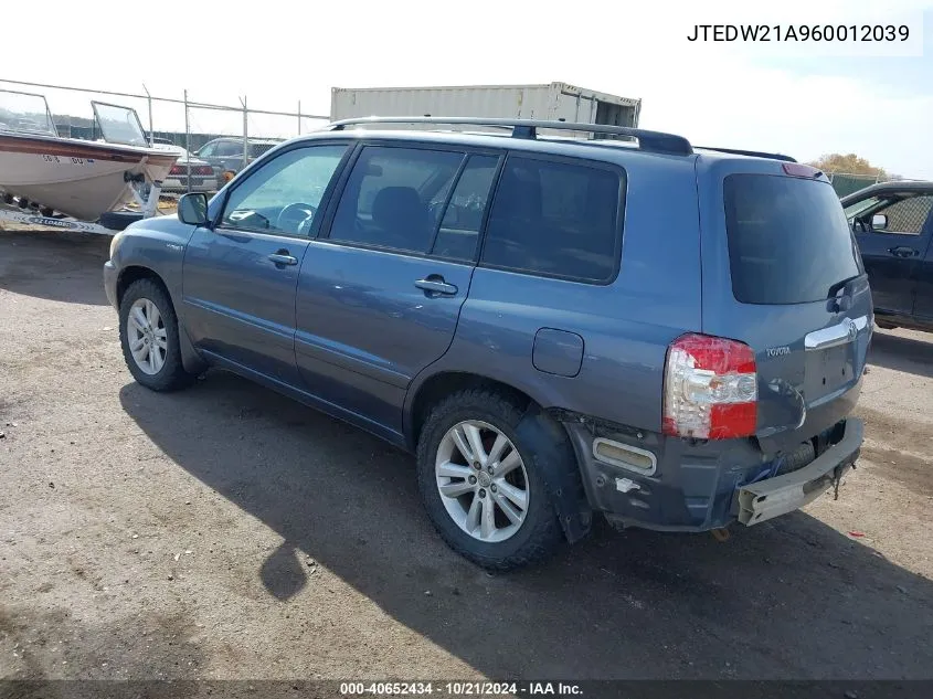 2006 Toyota Highlander Hybrid V6 VIN: JTEDW21A960012039 Lot: 40652434