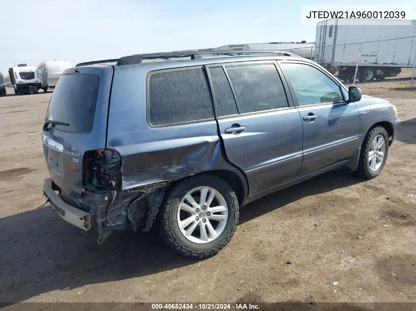 2006 Toyota Highlander Hybrid V6 VIN: JTEDW21A960012039 Lot: 40652434