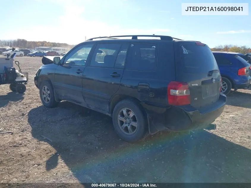 2006 Toyota Highlander V6 VIN: JTEDP21A160098041 Lot: 40679067