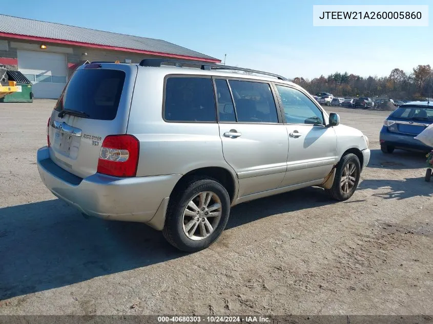 2006 Toyota Highlander Hybrid V6 VIN: JTEEW21A260005860 Lot: 40680303