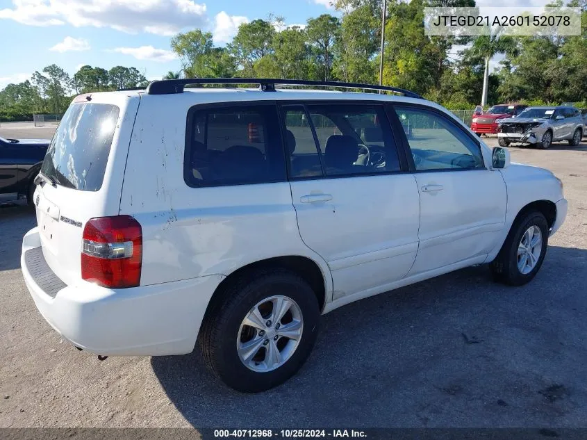 2006 Toyota Highlander Base W/O 3Rd Row (A4) VIN: JTEGD21A260152078 Lot: 40712968