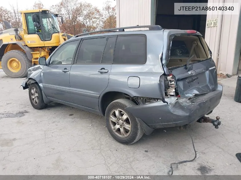 2006 Toyota Highlander V6 VIN: JTEEP21A860140340 Lot: 40718107