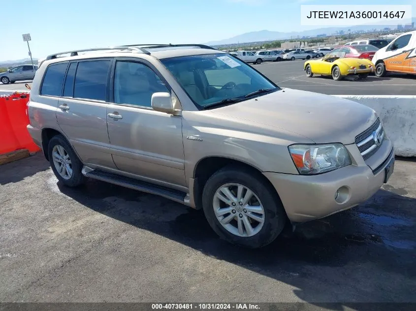 2006 Toyota Highlander Hybrid Limited V6 VIN: JTEEW21A360014647 Lot: 40730481