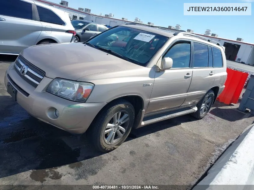 2006 Toyota Highlander Hybrid Limited V6 VIN: JTEEW21A360014647 Lot: 40730481