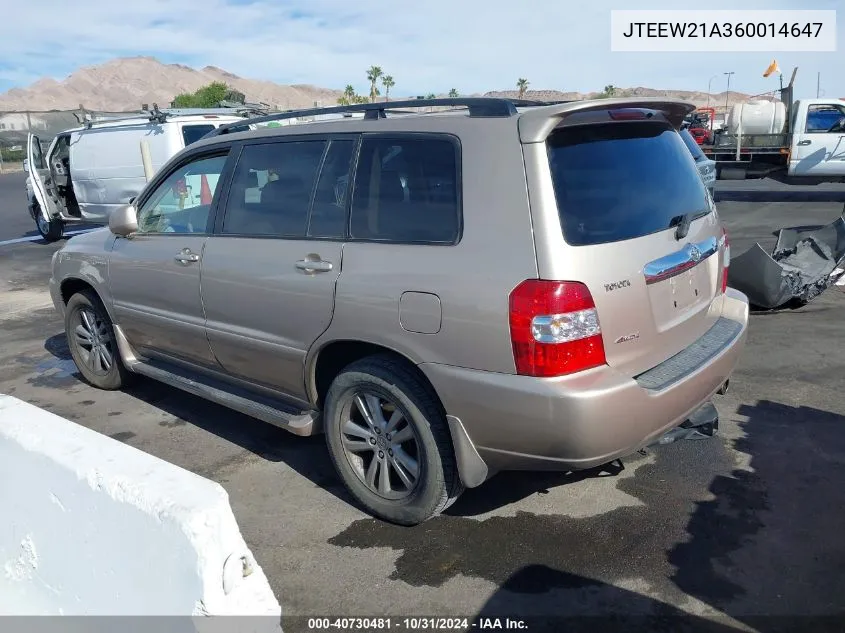 2006 Toyota Highlander Hybrid Limited V6 VIN: JTEEW21A360014647 Lot: 40730481