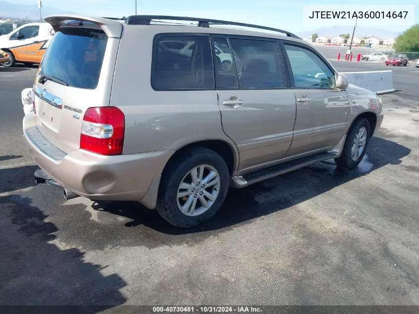 2006 Toyota Highlander Hybrid Limited V6 VIN: JTEEW21A360014647 Lot: 40730481