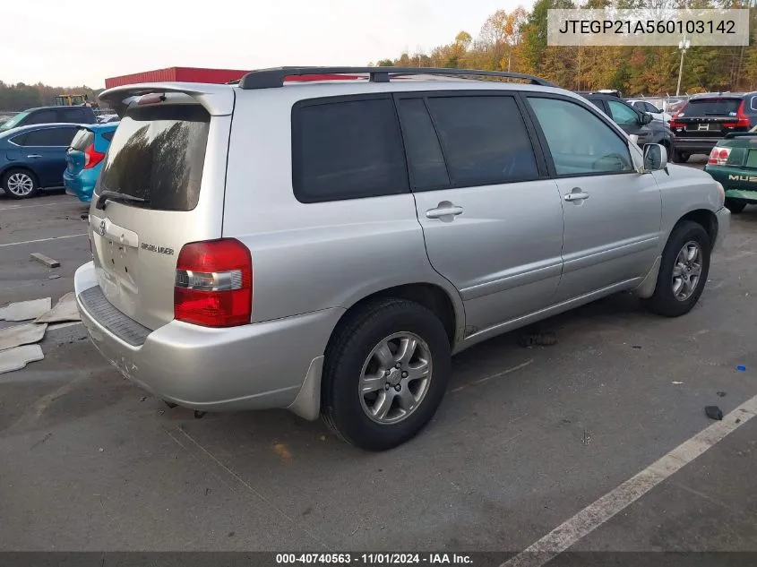 2006 Toyota Highlander V6 VIN: JTEGP21A560103142 Lot: 40740563