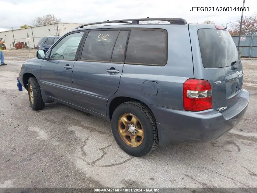 2006 Toyota Highlander VIN: JTEGD21A260144661 Lot: 40742160