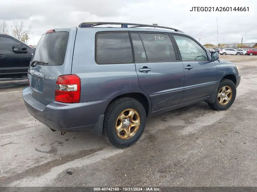 2006 Toyota Highlander VIN: JTEGD21A260144661 Lot: 40742160