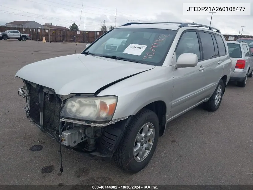 2006 Toyota Highlander V6 VIN: JTEDP21A260108477 Lot: 40744902