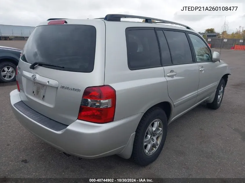 2006 Toyota Highlander V6 VIN: JTEDP21A260108477 Lot: 40744902