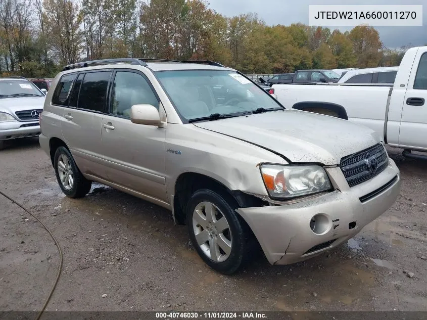 2006 Toyota Highlander Hybrid V6 VIN: JTEDW21A660011270 Lot: 40746030