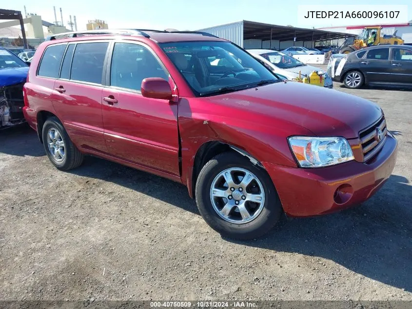 2006 Toyota Highlander V6 VIN: JTEDP21A660096107 Lot: 40750509