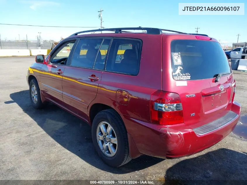 2006 Toyota Highlander V6 VIN: JTEDP21A660096107 Lot: 40750509