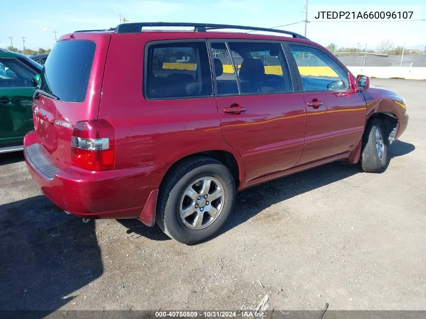 2006 Toyota Highlander V6 VIN: JTEDP21A660096107 Lot: 40750509