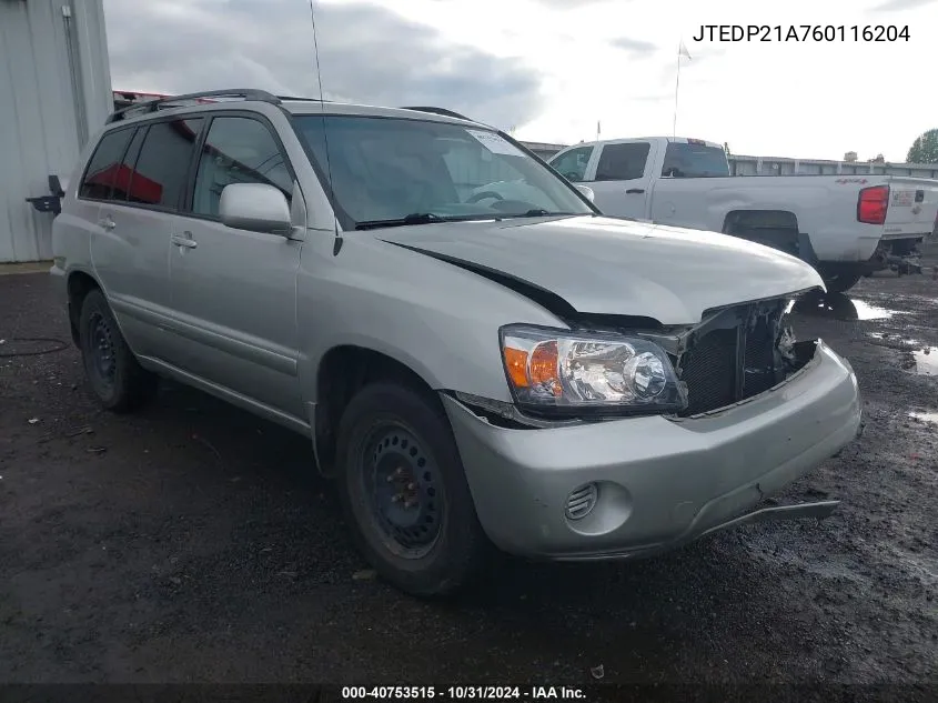 2006 Toyota Highlander Limited VIN: JTEDP21A760116204 Lot: 40753515