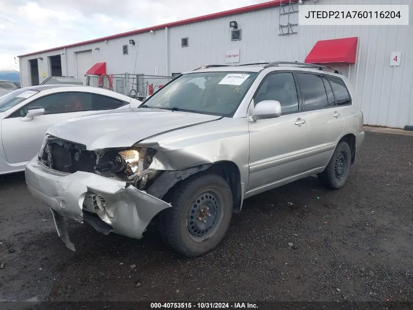 2006 Toyota Highlander Limited VIN: JTEDP21A760116204 Lot: 40753515