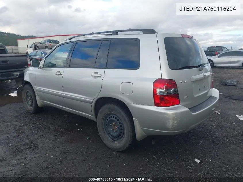 2006 Toyota Highlander Limited VIN: JTEDP21A760116204 Lot: 40753515