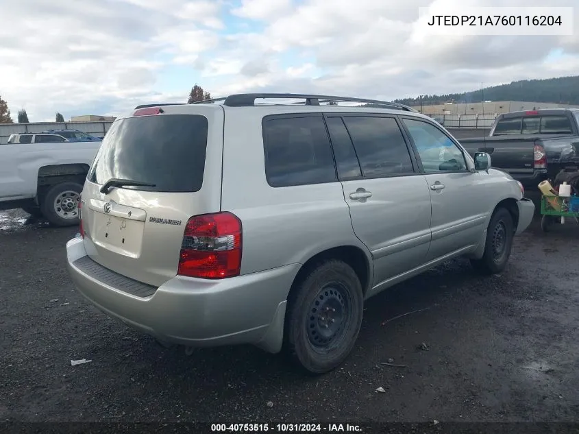 2006 Toyota Highlander Limited VIN: JTEDP21A760116204 Lot: 40753515