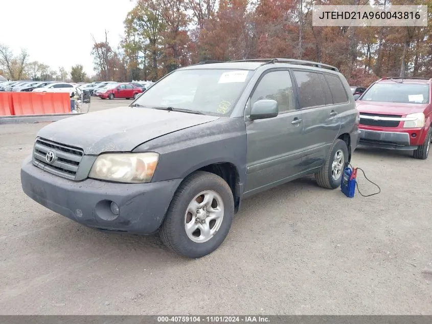 2006 Toyota Highlander VIN: JTEHD21A960043816 Lot: 40759104