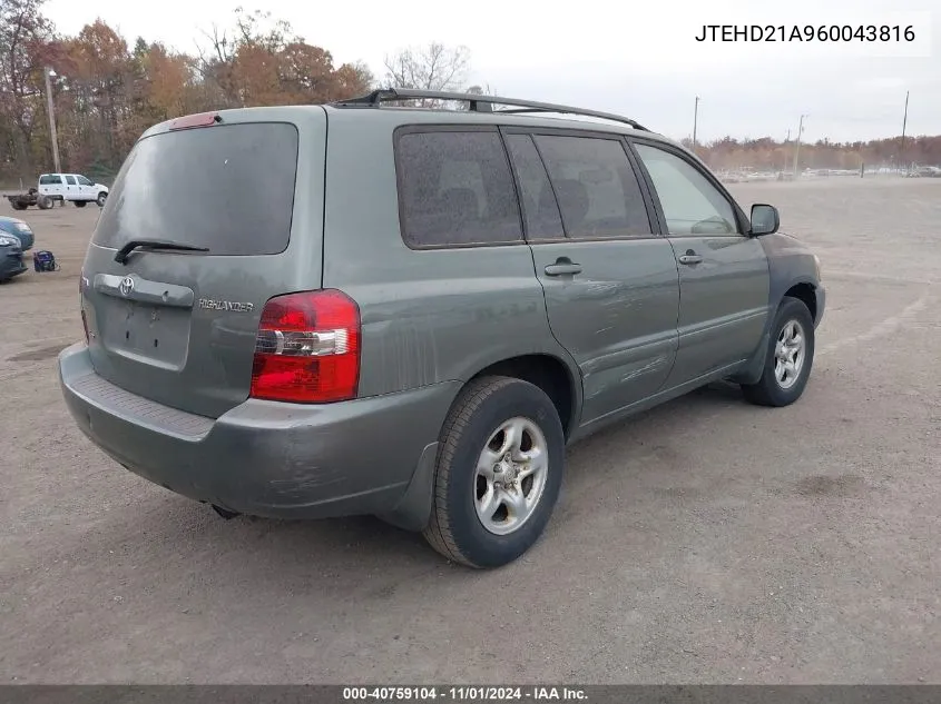 2006 Toyota Highlander VIN: JTEHD21A960043816 Lot: 40759104