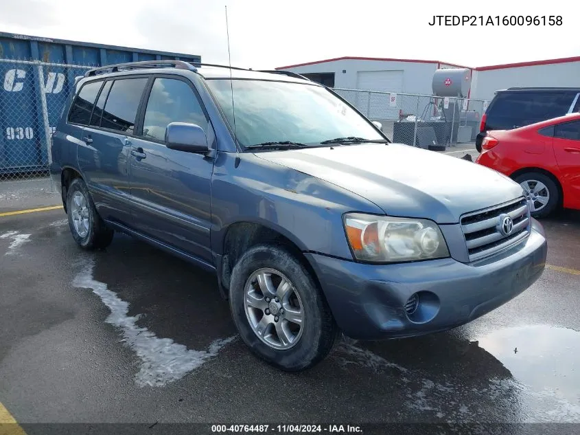 2006 Toyota Highlander V6 VIN: JTEDP21A160096158 Lot: 40764487