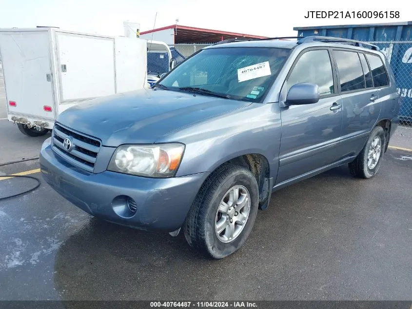 2006 Toyota Highlander V6 VIN: JTEDP21A160096158 Lot: 40764487