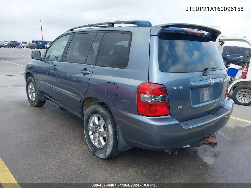 2006 Toyota Highlander V6 VIN: JTEDP21A160096158 Lot: 40764487