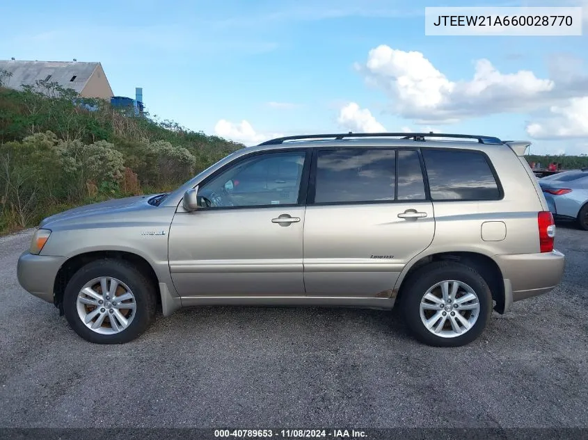 2006 Toyota Highlander Hybrid Limited V6 VIN: JTEEW21A660028770 Lot: 40789653