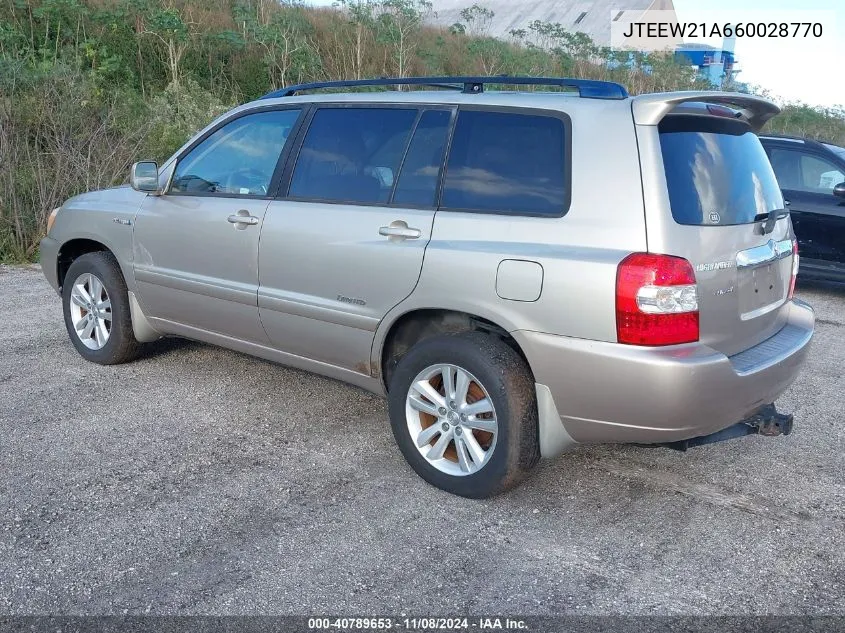 2006 Toyota Highlander Hybrid Limited V6 VIN: JTEEW21A660028770 Lot: 40789653