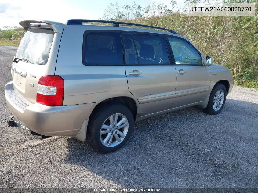 2006 Toyota Highlander Hybrid Limited V6 VIN: JTEEW21A660028770 Lot: 40789653