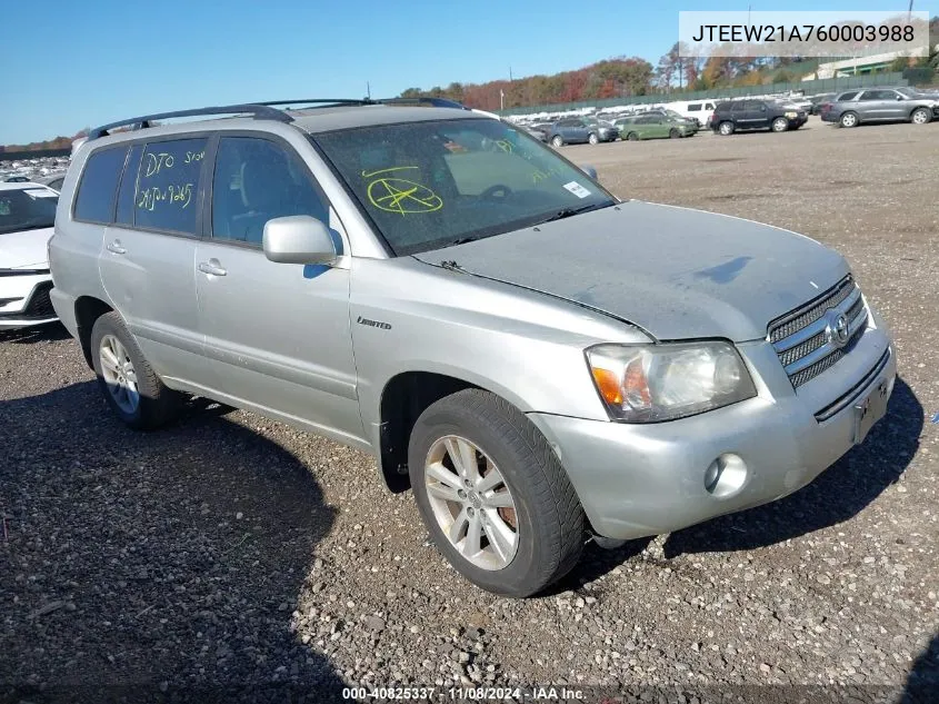 2006 Toyota Highlander Hybrid Limited V6 VIN: JTEEW21A760003988 Lot: 40825337