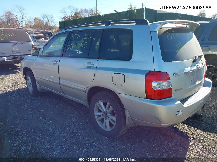 2006 Toyota Highlander Hybrid Limited V6 VIN: JTEEW21A760003988 Lot: 40825337