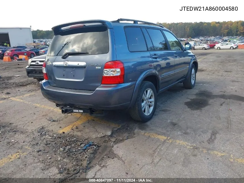 2006 Toyota Highlander Hybrid Limited V6 VIN: JTEDW21A860004580 Lot: 40847097