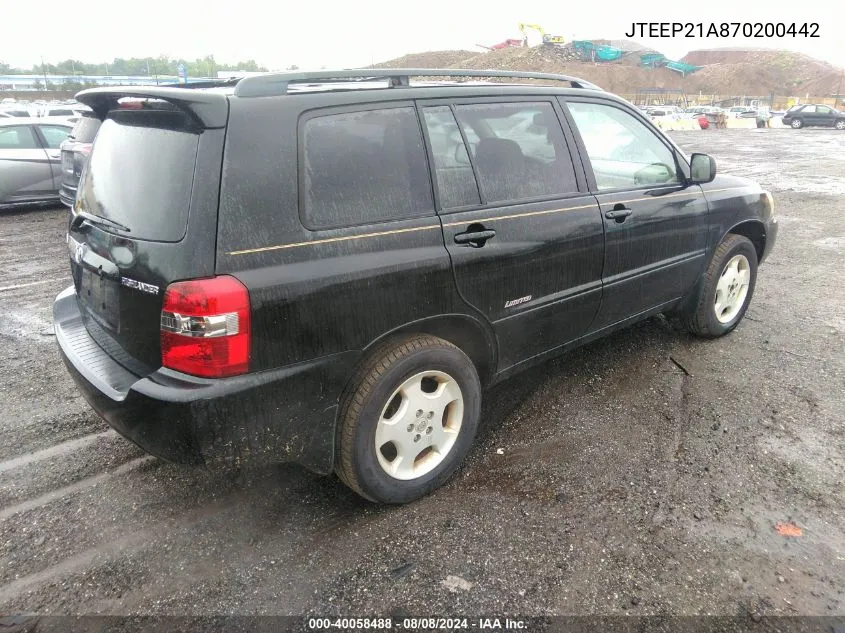 2007 Toyota Highlander Limited V6 VIN: JTEEP21A870200442 Lot: 40058488