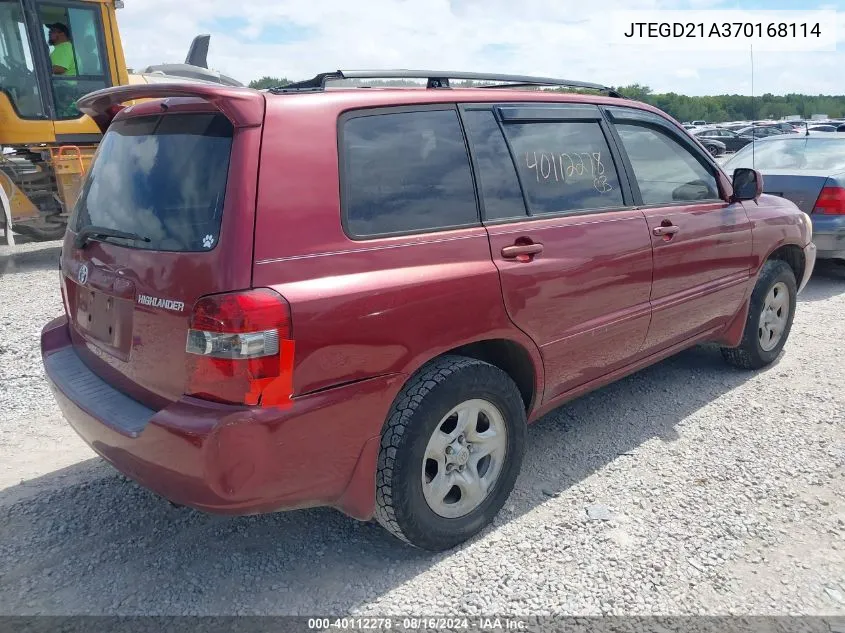 2007 Toyota Highlander VIN: JTEGD21A370168114 Lot: 40112278