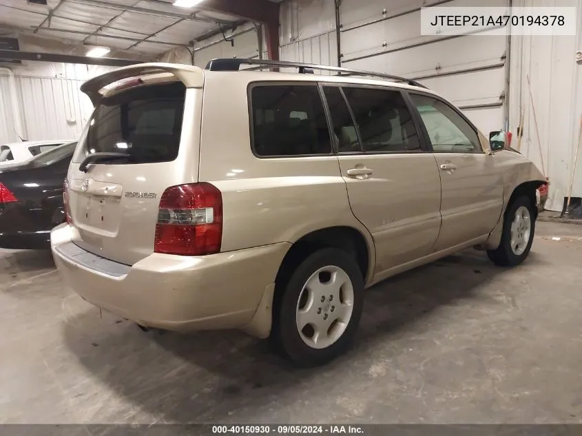 2007 Toyota Highlander Limited V6 VIN: JTEEP21A470194378 Lot: 40150930