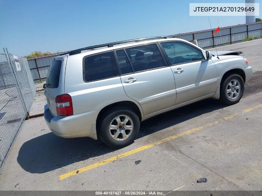 2007 Toyota Highlander V6 VIN: JTEGP21A270129649 Lot: 40187427