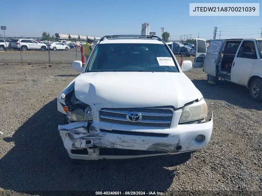 2007 Toyota Highlander Hybrid Limited V6 VIN: JTEDW21A870021039 Lot: 40240651