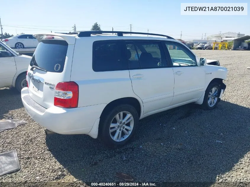 2007 Toyota Highlander Hybrid Limited V6 VIN: JTEDW21A870021039 Lot: 40240651