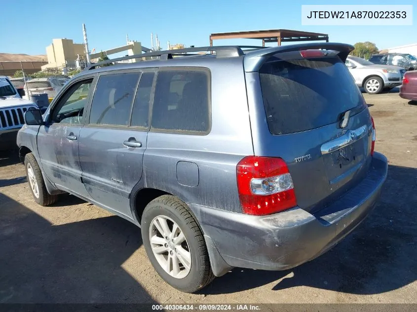 JTEDW21A870022353 2007 Toyota Highlander Hybrid Limited V6