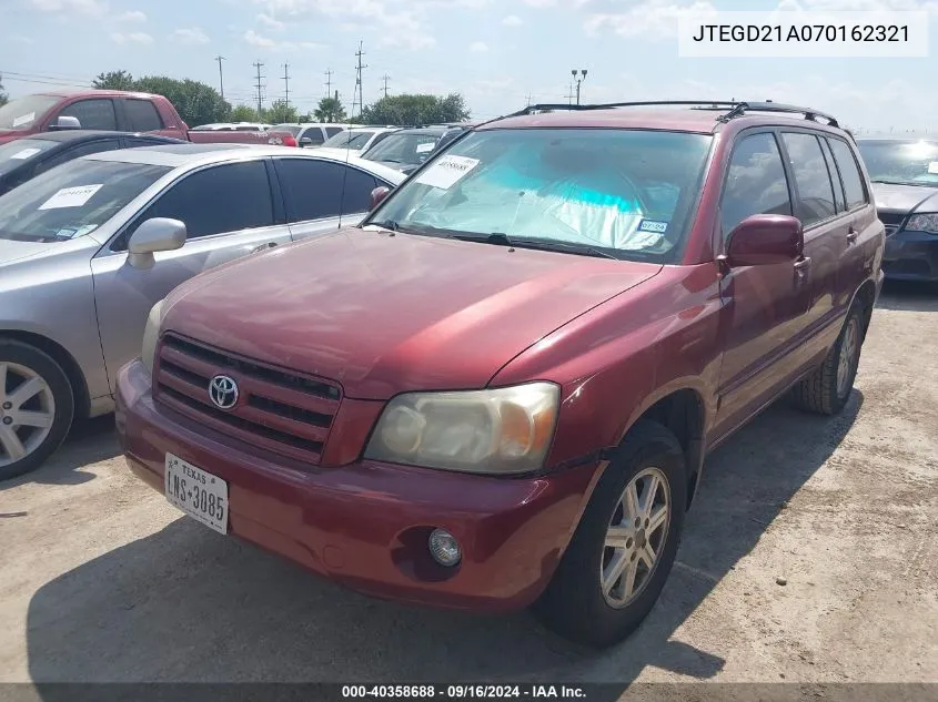 2007 Toyota Highlander VIN: JTEGD21A070162321 Lot: 40358688