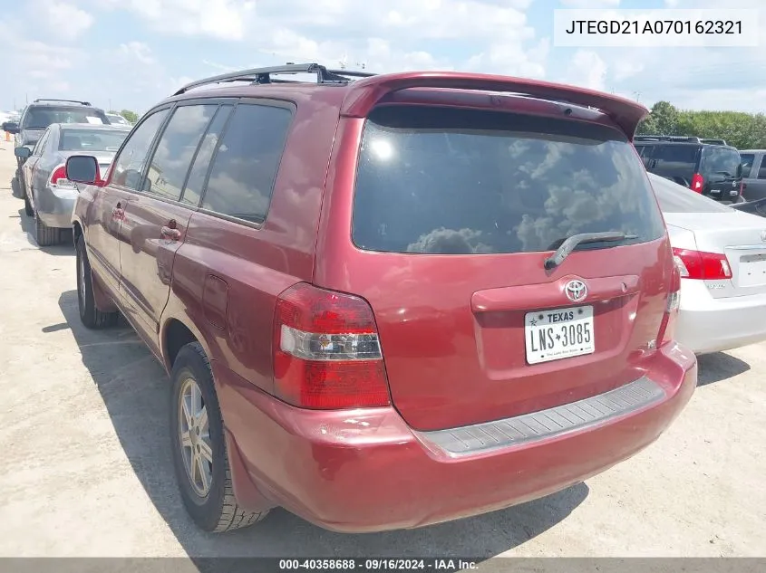 2007 Toyota Highlander VIN: JTEGD21A070162321 Lot: 40791077