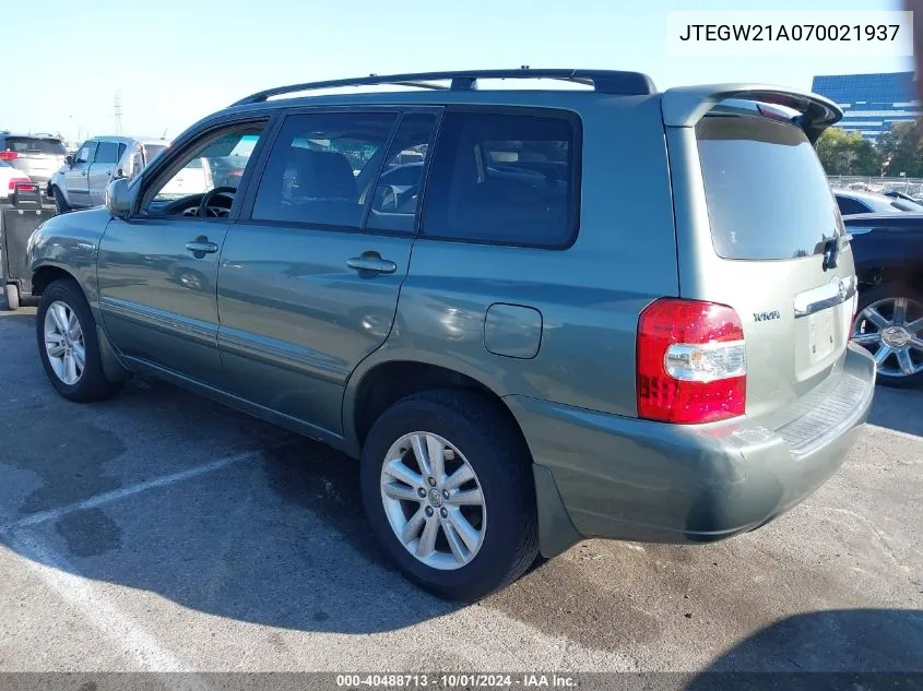 2007 Toyota Highlander Hybrid V6 VIN: JTEGW21A070021937 Lot: 40488713