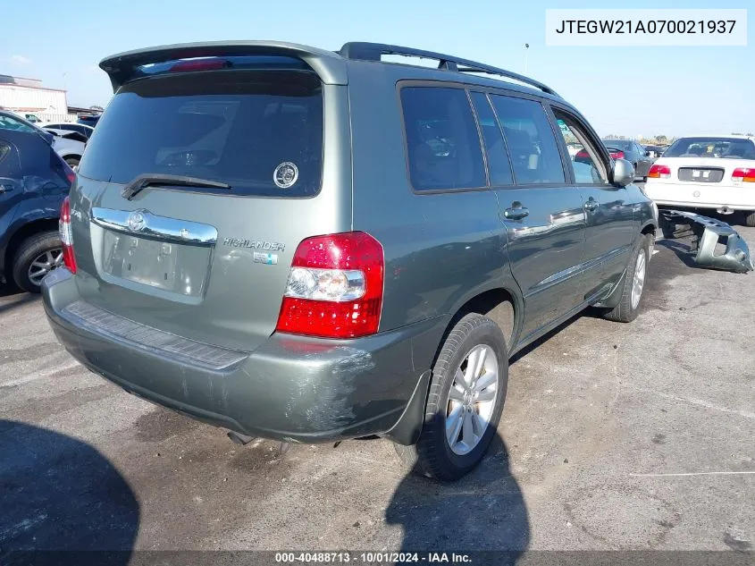 2007 Toyota Highlander Hybrid V6 VIN: JTEGW21A070021937 Lot: 40488713