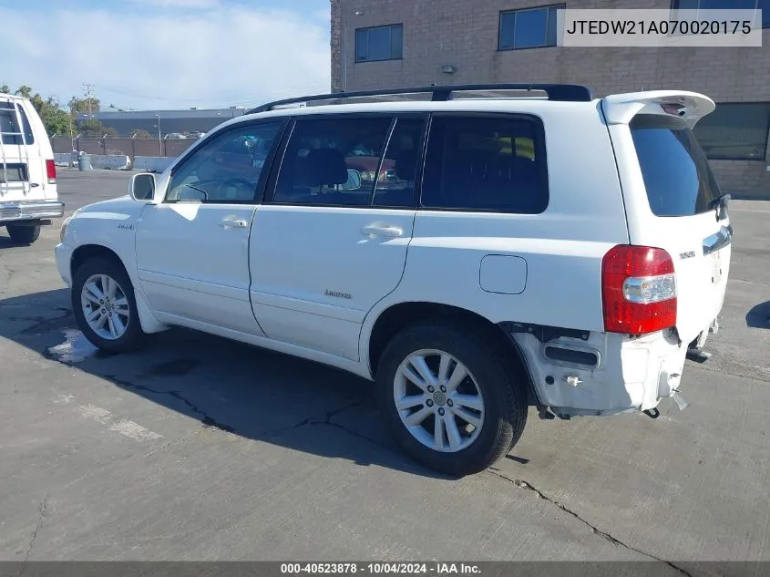 JTEDW21A070020175 2007 Toyota Highlander Hybrid Limited V6