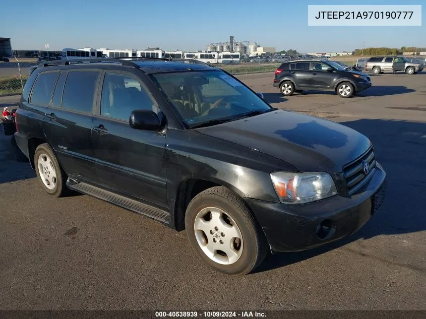 2007 Toyota Highlander Limited V6 VIN: JTEEP21A970190777 Lot: 40538939