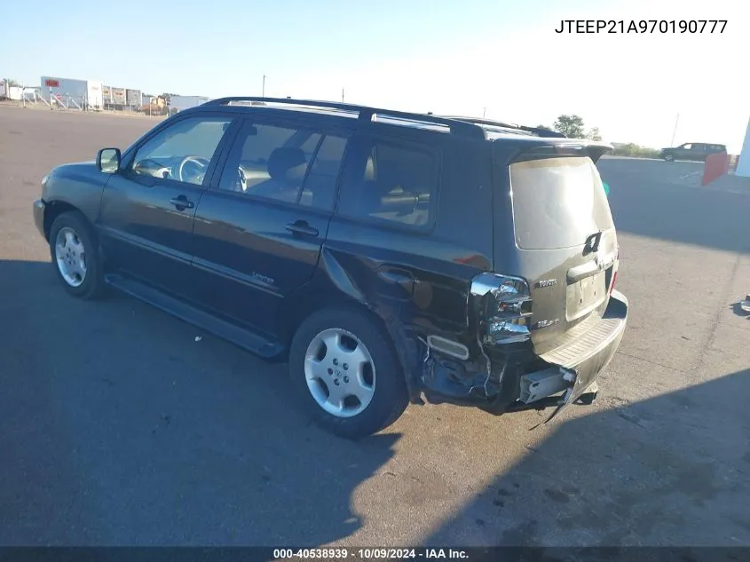 2007 Toyota Highlander Limited V6 VIN: JTEEP21A970190777 Lot: 40538939